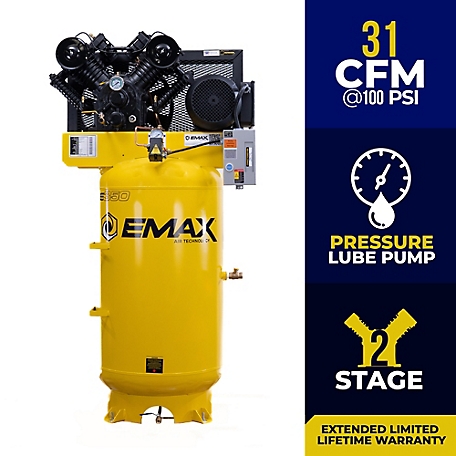 EMAX 7.5 HP 80gal. 2 Stage Single Phase Industrial V4 Pressure Lubricated Pump 31 CFM@100 PSI Air Compressor-EI07V080V1