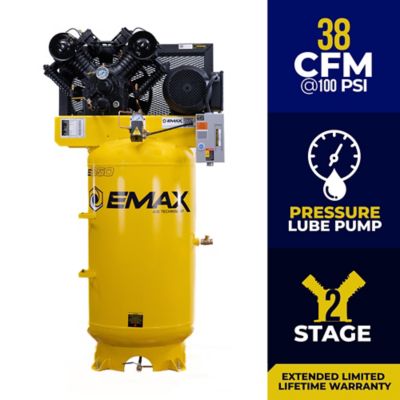 EMAX 10 HP 80 gal. 2 Stage Single Phase Industrial V4 Pressure Lubricated Pump 38 CFM at 100 PSI Air Compressor Great compressor! Builds pressure fast