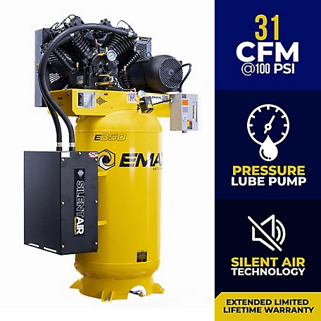 EMAX 7.5HP 80G 2-Stage Single Phase Industrial V4 Pressure Lubricated Pump 31CFM@100 PSI SILENT Air Compressor-ES07V080V1