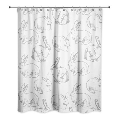Farmstead Fields Gray Bunny Sketch 71 X, White Eyelet Lace Shower Curtain