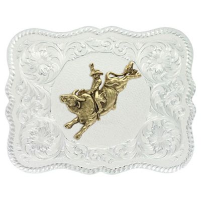 Montana Silversmiths Scalloped Silver Bull Rider Western Belt Buckle, 61669-528