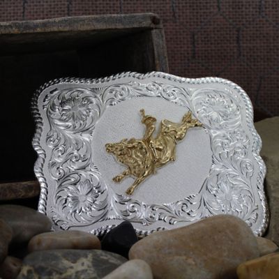 Image showing  Scalloped Silver Bull Rider Western Belt Buckle, 61669-528