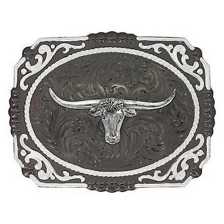 Montana Silversmiths Gunmetal Cameo Filigree with Longhorn Steer Belt Buckle, 25815SB-767M