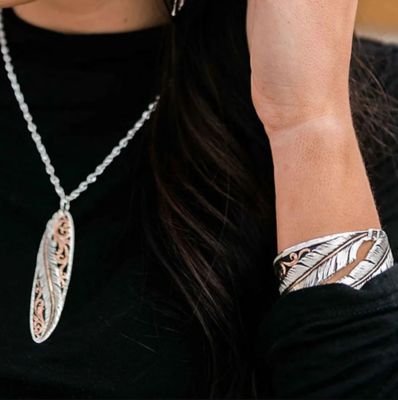 Image showing  Women's Wind Dancer Pierced Feather Cuff Bracelet, Silver