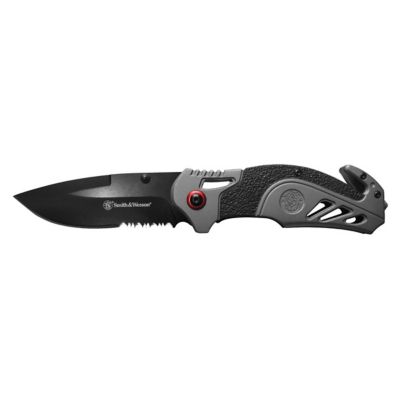 Smith & Wesson 3.25 in. Spring-Assisted Rescue Drop-Point Serrated Folding Knife, Black Oxide, 7.75 in. Overall Length