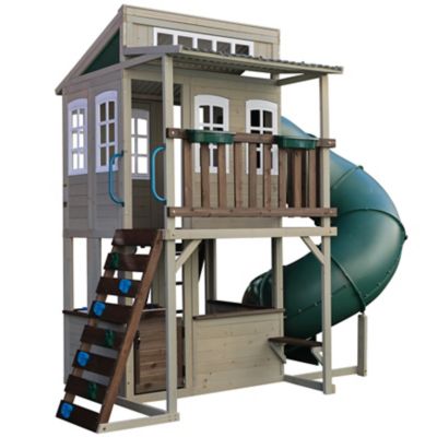 Image showing  Cozy Escape Wooden Playhouse with Slide, Rock Wall and Play Kitchen