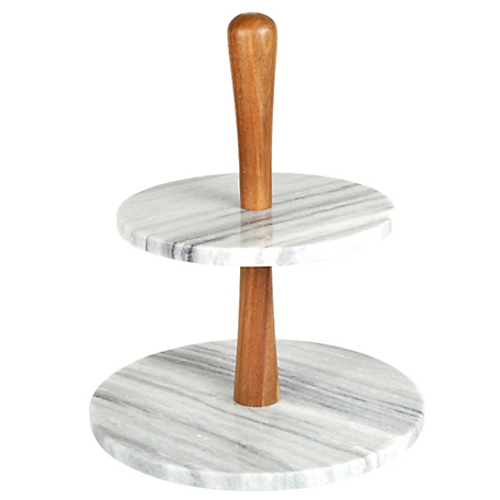 Creative Home Grey Marble and Acacia Wood 2-Tier Cake Stand Dessert Server