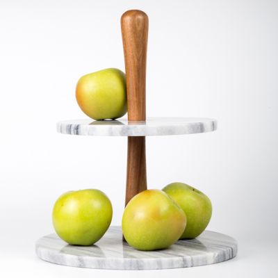 Image showing  Grey Marble and Acacia Wood 2-Tier Cake Stand Dessert Server