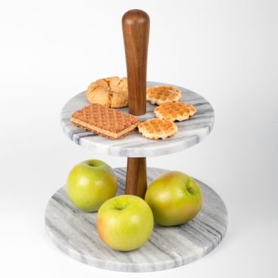 Image showing  Grey Marble and Acacia Wood 2-Tier Cake Stand Dessert Server