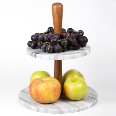 Image showing  Grey Marble and Acacia Wood 2-Tier Cake Stand Dessert Server