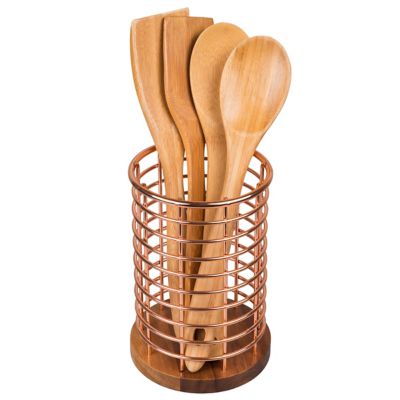 Image showing  Acacia Wood and Wire Utensil Holder