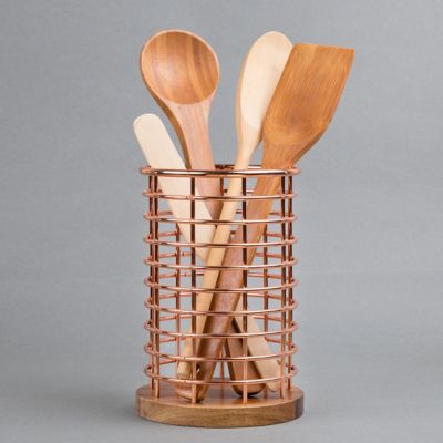 Image showing  Acacia Wood and Wire Utensil Holder