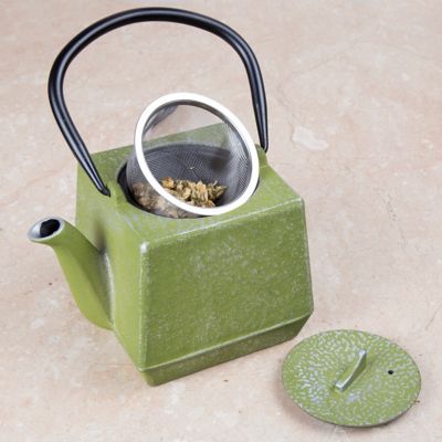 Image showing  28 oz. Cast-Iron Tea Pot with Infuser, Silver/Green