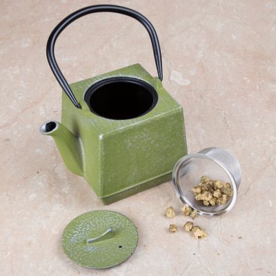 Image showing  28 oz. Cast-Iron Tea Pot with Infuser, Silver/Green