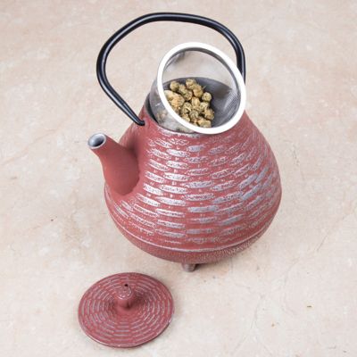 Image showing  40 oz. Cast-Iron Tea Pot with Infuser, Silver/Orange