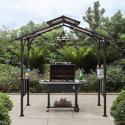 Image showing  5 ft. x 8 ft. Steel Frame 2-Tier Hard-Top Grill Gazebo with Ceiling Hook and Bar Shelves, Brown