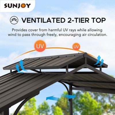 Image showing  5 ft. x 8 ft. Steel Frame 2-Tier Hard-Top Grill Gazebo with Ceiling Hook and Bar Shelves, Brown