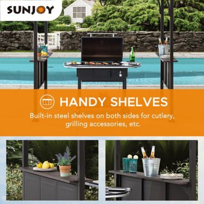 Image showing 6 th Sunjoy 8 x 5ft.Steel Frame 2-Tier Hard-Top Grill Gazebo with Ceiling Hook and Bar Shelves, Brown