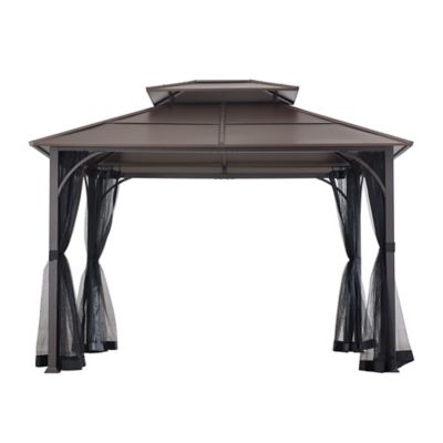 Sunjoy 10 ft. x12 ft. Lindsay Outdoor Patio Brown Steel Frame 2-Tier Hardtop Roof Gazebo with Ceiling hook and Netting