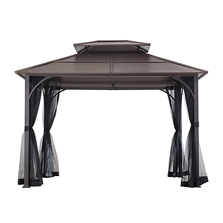 Sunjoy Lindsay Outdoor Patio 10x12 ft. Brown Steel Frame 2-Tier Hardtop Roof Gazebo with Ceiling hook and Netting