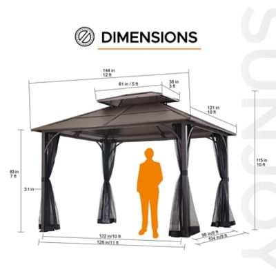 Image showing  10 ft. x 12 ft. Lindsay Outdoor Patio Brown Steel Frame 2-Tier Hardtop Roof Gazebo with Ceiling Hook and Netting