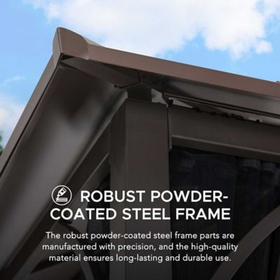 Image showing  10 ft. x 12 ft. Lindsay Outdoor Patio Brown Steel Frame 2-Tier Hardtop Roof Gazebo with Ceiling Hook and Netting