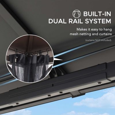 Image showing  10 ft. x 12 ft. Lindsay Outdoor Patio Brown Steel Frame 2-Tier Hardtop Roof Gazebo with Ceiling Hook and Netting