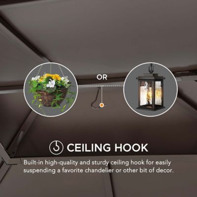 Image showing 5 th Sunjoy 10 ft. x 12 ft. Lindsay Outdoor Patio Brown Steel Frame 2-Tier Hardtop Roof Gazebo with Ceiling Hook and Netting