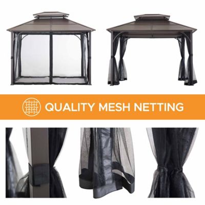 Image showing 6 th Sunjoy 10 ft. x 12 ft. Lindsay Outdoor Patio Brown Steel Frame 2-Tier Hardtop Roof Gazebo with Ceiling Hook and Netting