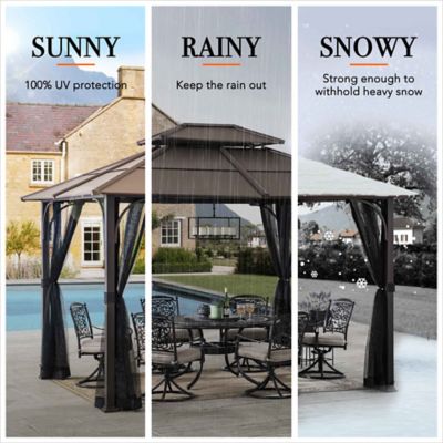Image showing 7 th Sunjoy 10 ft. x 12 ft. Lindsay Outdoor Patio Brown Steel Frame 2-Tier Hardtop Roof Gazebo with Ceiling Hook and Netting