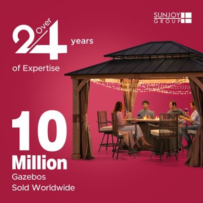 Image showing 8 th Sunjoy 10 ft. x 12 ft. Lindsay Outdoor Patio Brown Steel Frame 2-Tier Hardtop Roof Gazebo with Ceiling Hook and Netting