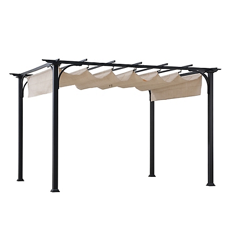 Sunjoy Jalen 12 ft. x 9 ft. Outdoor Patio Black Steel Frame Pergola with Retractable Beige Canopy Shade for Backyard