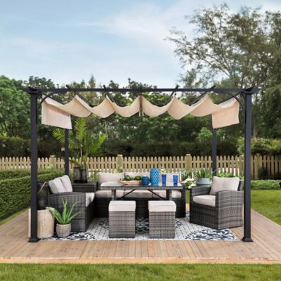Image showing  12 ft. x 9 ft. Jalen Outdoor Patio Black Steel Frame Pergola with Retractable Beige Canopy Shade for Backyard