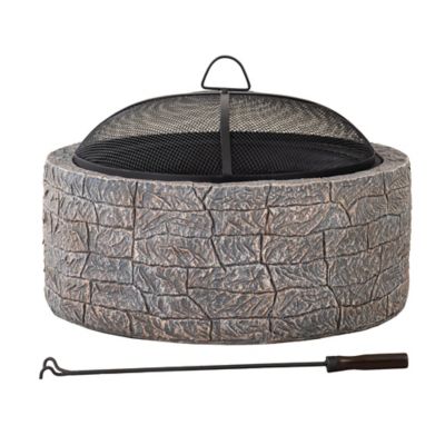 Sunjoy 26 in. Outdoor Stone Wood-Burning Fire Pit with Steel Mesh Spark Screen and Fire Poker