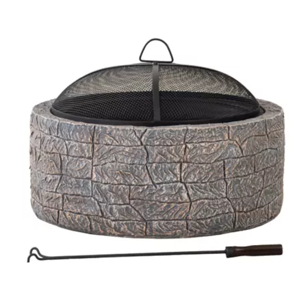 Sunjoy 26 in Stone Wood Burning Fire Pit with Steel Mesh Spark Screen and Poker Patio Heaters