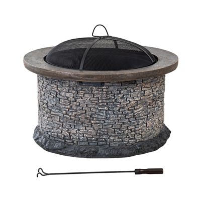 Sunjoy 32 in. Fire Pit for Outside, Outdoor Stone Wood Burning Firepits with Steel Mesh Spark Screen and Fire Poker