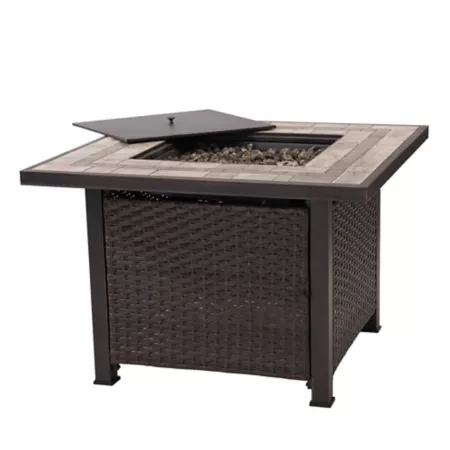 Sunjoy 38 in Outdoor Patio Propane Gas Square Fire Pit Table Brown All-Weather Wicker Ceramic Tile Top Fire Pits