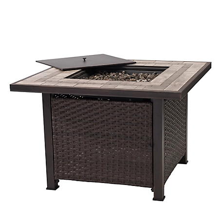 Sunjoy 38 in. Gas Fire Pit Table, Outdoor Patio Brown Square All-weather Wicker Ceramic Tile Top Propane Burning Fire Pit Table