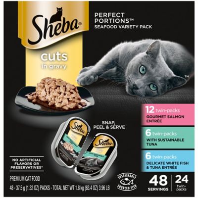 Sheba Wet Cat Food Cuts in Gravy Variety pk., Sustainable Tuna, Gourmet Salmon, and Delicate White Fish & Tuna, (24)