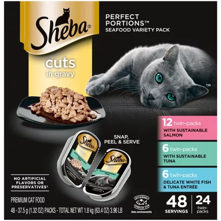 Sheba Perfect Portions Sustainable Adult Food Pack - Tuna Salmon White Fish and Tuna in Sauce 24 Count 2.6 oz Wet Cat Food