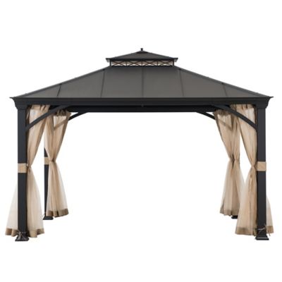 Sunjoy Richard 11 x 13 ft. Outdoor Patio Black Steel Frame Hardtop Gazebo with 2-Tier Steel Roof and Mesh Netting