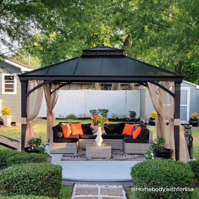 Image showing  Richard 11 x 13 ft. Outdoor Patio Black Steel Frame Hardtop Gazebo with 2-Tier Steel Roof and Mesh Netting