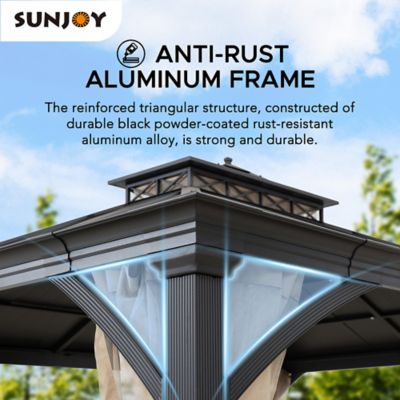 Image showing  Richard 11 x 13 ft. Outdoor Patio Black Steel Frame Hardtop Gazebo with 2-Tier Steel Roof and Mesh Netting