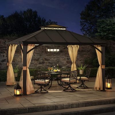 Image showing 7 th Sunjoy Richard 11 x 13 ft. Outdoor Patio Black Steel Frame Hardtop Gazebo with 2-Tier Steel Roof and Mesh Netting