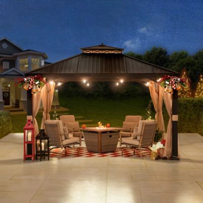 Image showing 8 th Sunjoy Richard 11 x 13 ft. Outdoor Patio Black Steel Frame Hardtop Gazebo with 2-Tier Steel Roof and Mesh Netting
