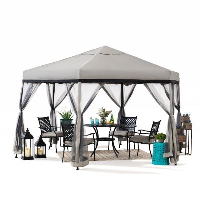 Image showing  11 ft. x 11 ft. Outdoor Portable Hexagon Steel Frame Soft Top Pop Up Gazebo, Instant Canopy/Tent, Tan/Brown