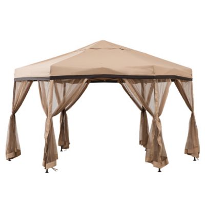 Sunjoy 11 ft. x 11 ft. Outdoor Portable Hexagon Steel Frame Soft Top Pop Up Gazebo, Instant Canopy/Tent, Tan/Brown