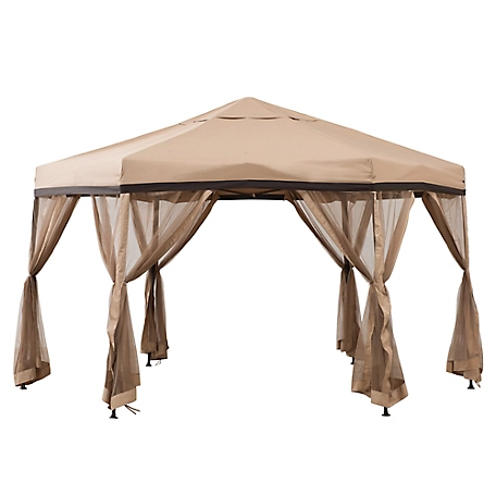 Sunjoy 11x11 ft. Outdoor Portable Hexagon Steel Frame Soft Top Pop Up Gazebo, Instant Canopy/Tent,Tan & Brown