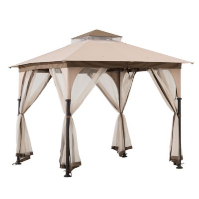 Sunjoy Shelby Outdoor Patio 9.5 x 9.5 ft. Steel Frame 2-Tier Soft Top Roof Gazebo with Ceiling hook, and Netting, Tan and Brown