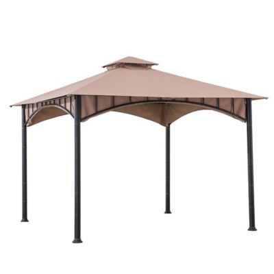 Sunjoy Outdoor Patio Black Bamboo Shape Steel Frame 11 x 11 ft. 2-Tier Soft Top Gazebo with Beige Canopy for Garden